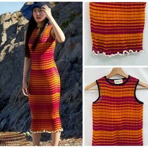 BIELO Barcelona Rare Atelier-Made Striped Knit Midi Dress Pink/Orange | Small